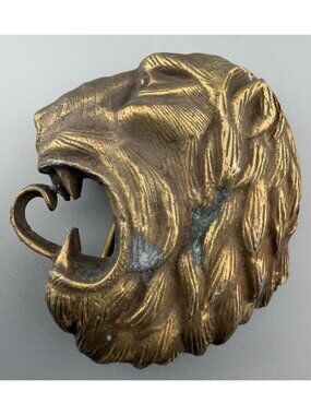 Vintage Brass Belt Buckle Lion Head Figural Roaring Heavy 2.75” Statement Number